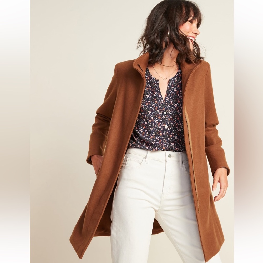 Old Navy Soft-Brushed Brown Funnel-Neck Peacoat Classic Coat Size Medium